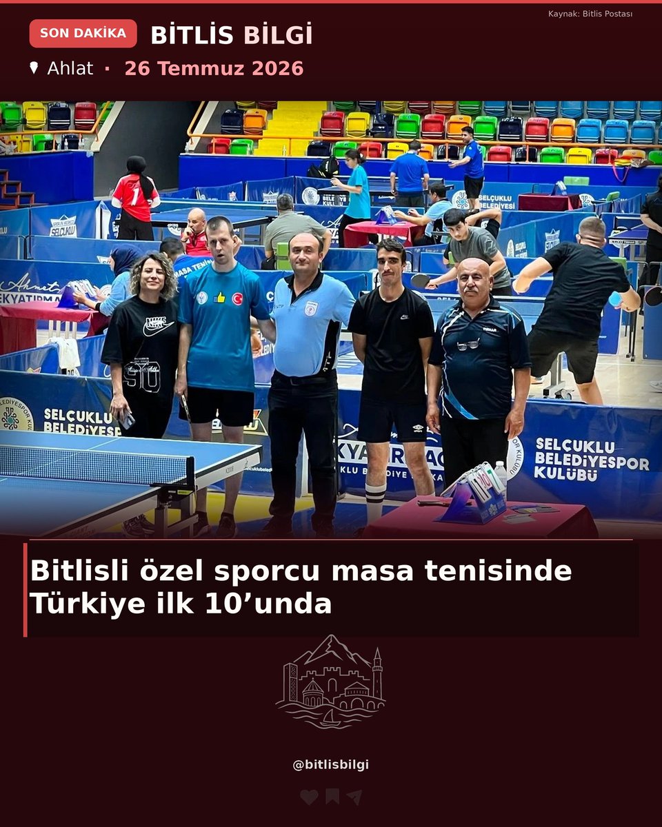 bitlisbilgi's tweet photo. Konya’da 19-21 Temmuz 2026 tarihleri arasında düzenlenen Masa Tenisi Down Sendromlular ve Mental Türkiye Şampiyonası’nda Bitlis’i temsil eden Nuh İslam Şirin, gösterdiği performansla ilk 10’a girmeyi başardı. https://t.co/PUHsmKoYqE