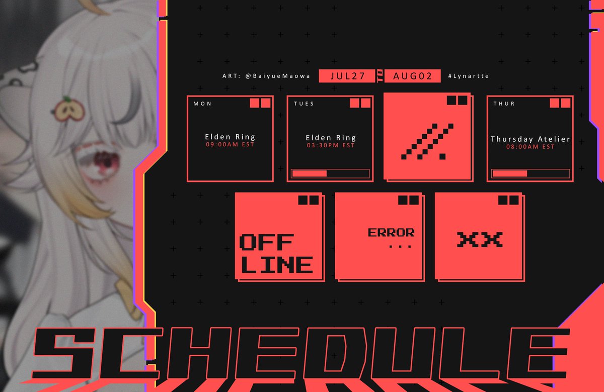 LynLilyette's tweet photo. Good day Lynpire (and whoever stumbles)! much love to you all, the schedule this week looks like this! I was gonna schedule 4 streams but that would leave me with no day for rest, so we will do 3 and there is lets say 10% chance of impromptu Saturday stream https://t.co/UXDduoJG3b