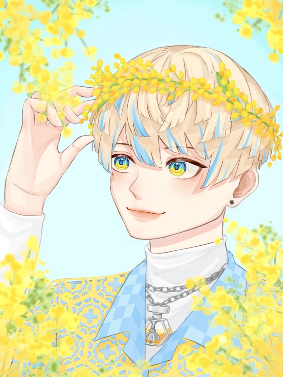mimi_07744's tweet photo. ミモザの花かんむり︎✿

大好きなはーちゃん(@276918happa)のイラストを自分の絵柄で描きました~!!!!
描くのすっごく楽しかった💛
元イラストは引用元に載せます🎶 https://t.co/eKacObAxSi