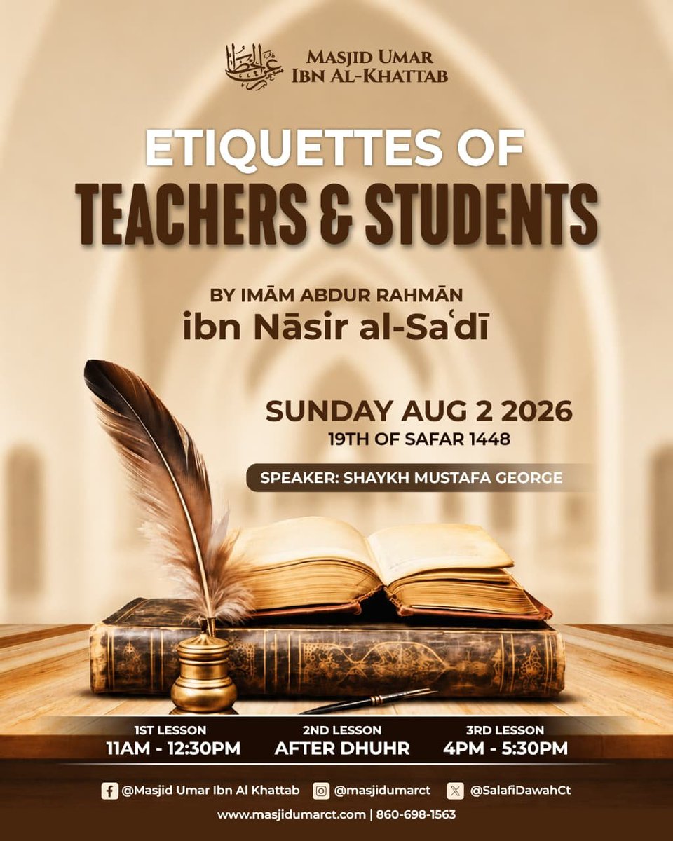 SalafiDawahCt's tweet photo. 📢 Alhumdullilah - we invite everyone to join us next Sunday August 2nd for a special set of lectures with Shaykh @Mustafa_George حفظه الله!

📅 Mark your calendars!
🔄 Spread the word!
🤝 All are welcome!

إن شاء الله https://t.co/2kHOSuOIKU