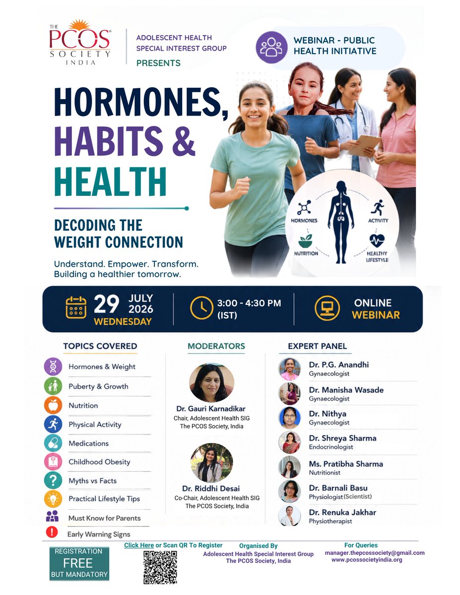Gauri_K_'s tweet photo. #pcos ,#Adolescent #PMOS SIG on behalf of the #PCOSsocietyindia 
Webinar on 
#Hormones #Habits #Health -
Decoding the #weight connection 
For doctors, nutrition experts parents teens and young adults and fitness experts and teachers 

Date 29/07/2026
Time 3pm IST https://t.co/VY7xfJAo8I