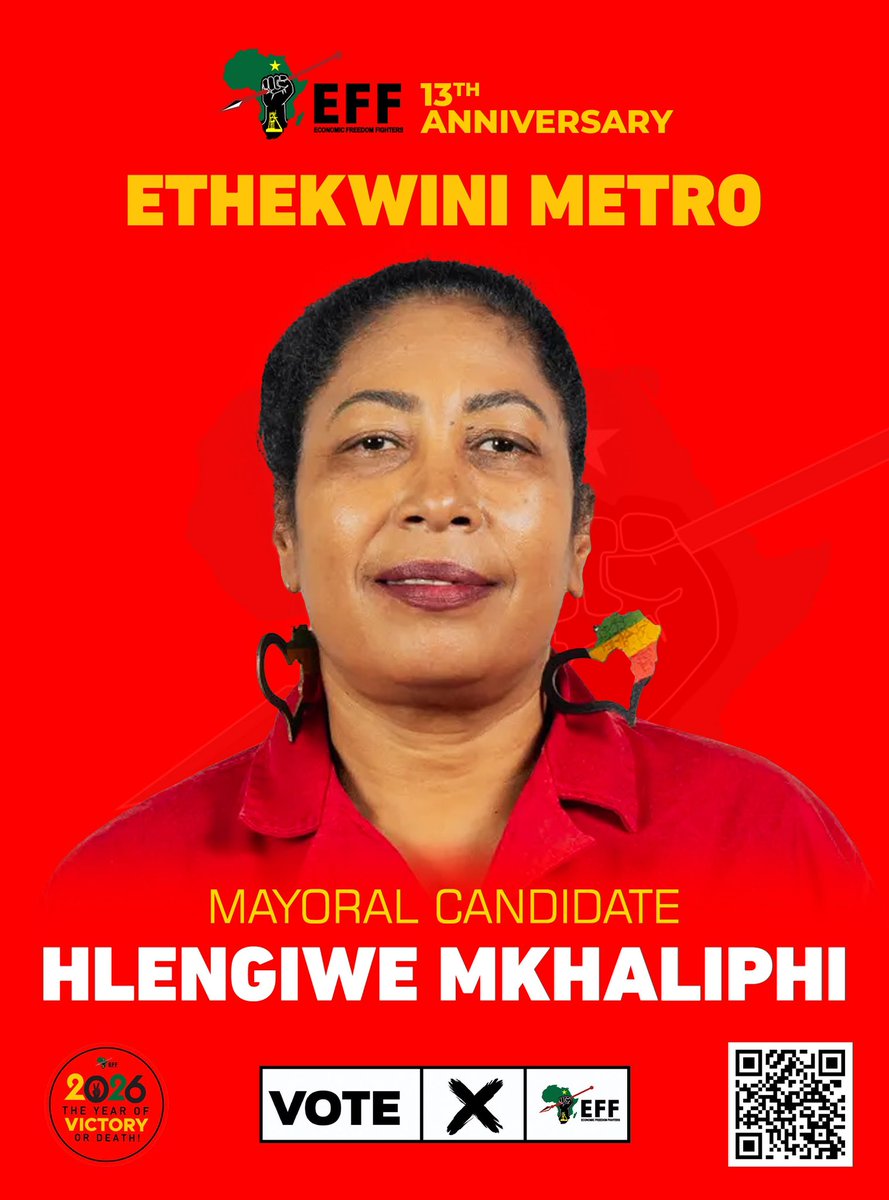 EFFSouthAfrica's tweet photo. eThekwini Metro, meet your EFF Mayoral Candidate, Hlengiwe Mkhaliphi! 

#RegisterToVoteEFF in the 2026 Local Government Elections, to be held on 4 November 2026.

Link: https://t.co/ydvMdsh0Mb https://t.co/45kOnDHHYZ