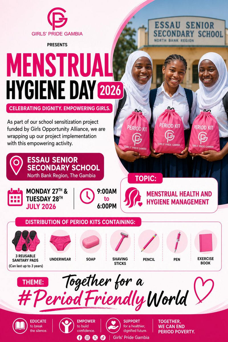 GirlsPrideGam's tweet photo. We did it! We're closing the #ThriveBeyondBarriers project at Essau SSS with our #MHDay2026 commemoration, having reached our target of 2,000 schoolgirls with menstrual health education and reusable menstrual products.

Every girl deserves to manage her period 🩸with pride 💃. https://t.co/UkEv5UaaKD