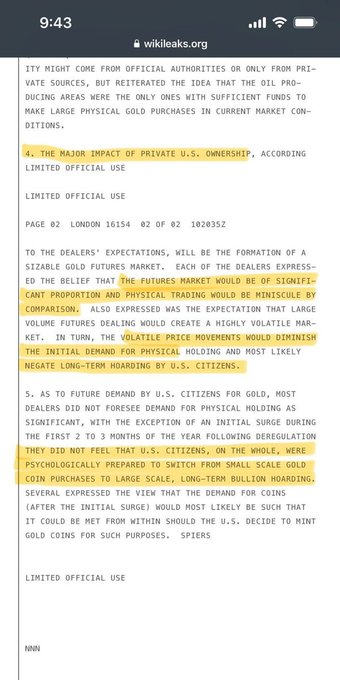 ekwufinance's tweet photo. Leaked 1974 government plan to disincentivize physical gold and silver hoarding:

Step 1) Create a futures market that dwarfs the physical market in size.
- Today’s paper gold vs physical gold: 133:1
- Today’s paper silver vs physical silver: 408:1

Step 2) Increase volatility to reduce demand for physical metal.
- The recent 38% intraday flash crash is a perfect example
- In modern portfolio management, volatility = risk. 

By increasing volatility, you increase the perceived risk of holding physical gold and silver.

Don’t let them fool you. Gold and silver will go up, but it will be a volatile roller coaster.

Instead of being a victim of volatility, use it to your advantage and add to your favorite positions at wholesale prices.