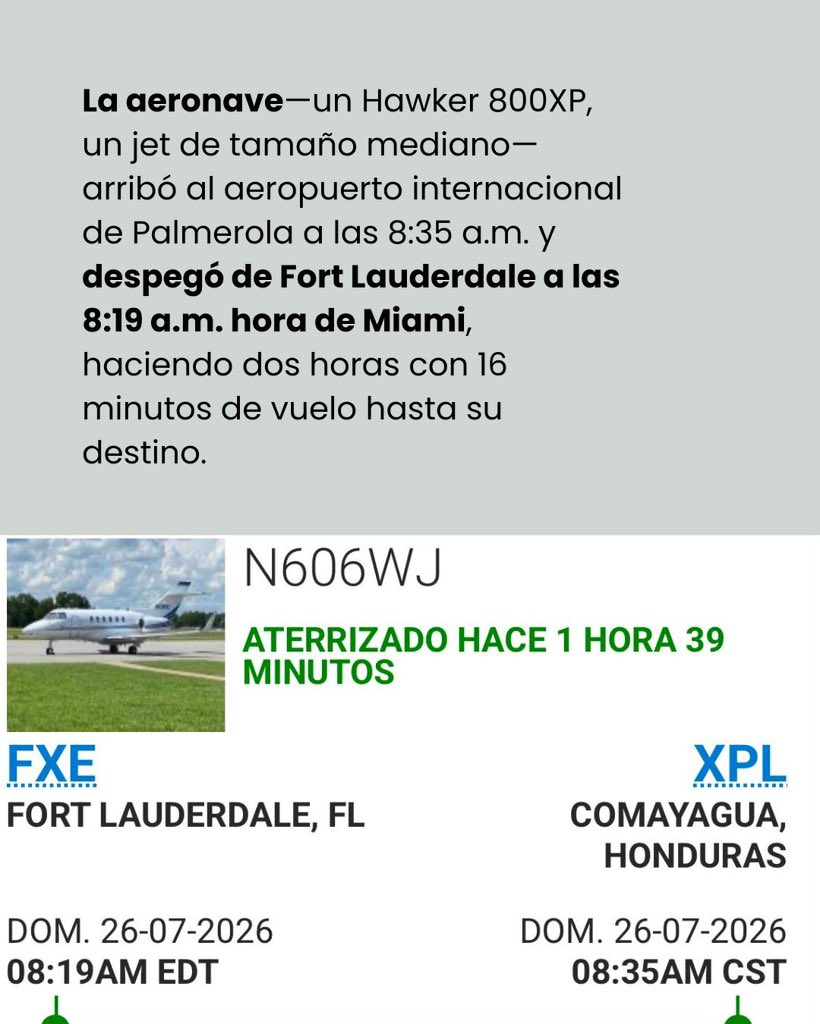 criteriohn's tweet photo. 🔴🖇️#ATENCION~ Los lujos del avión que trajo a Juan Orlando Hernández 

 • El costo del vuelo que trajo a Juan Orlando Hernández anda en un rango de casi 420 mil lempiras, libre de impuestos y tasas

El expresidente e indultado por narcotráfico, Juan Orlando Hernández, retornó este domingo 26 de julio, en la aeronave N606WJ, en un vuelo charter, que podría tener un costo de 15,587 dólares, según búsquedas de https://t.co/jYTxbKuavO, en sitios especializados en vuelos.

La aeronave—un Hawker 800XP, un jet de tamaño mediano— arribó al aeropuerto internacional de Palmerola a las 8:35 a.m. y despegó de Fort Lauderdale a las 8:19 a.m. hora de Miami, haciendo dos horas con 16 minutos de vuelo hasta su destino.

La aeronave pertenece a la empresa Hawker 800XP LLC y es operado por Execuflight, Inc., una compañía dedicada a hacer vuelos chárteres, que ofrece sus servicios a un costo promedio la hora de 6,877 dólares, por lo que el vuelo de Hernández andaría en 15, 587.87 dólares. Este valor se traduce a 419,625.46 lempiras, sin tomar en cuenta otros costos como impuestos y tasas, según la descripción del sitio, Virtual Hangar, especialista en vuelos.

El sitio describe que el jet es ideal para misiones de largo alcance gracias a su cabina espaciosa. Es un avión fabricado en el 2003, de mediana velocidad, con capacidad para ocho pasajeros, tiene un baño privado, wifi. Su cabina tiene una dimensión de 6,0x5,8x21,3 pies, capacidad de 48 pies de equipaje, con una carga máxima de 28,000 libras. 
Aviapages, otro sitio especializado en vuelos detalla que la aeronave tiene la matrícula 258606 y publica varias fotografías de su interior, en las que se puede apreciar cómodos y finos asientos tapizados en cuero.
