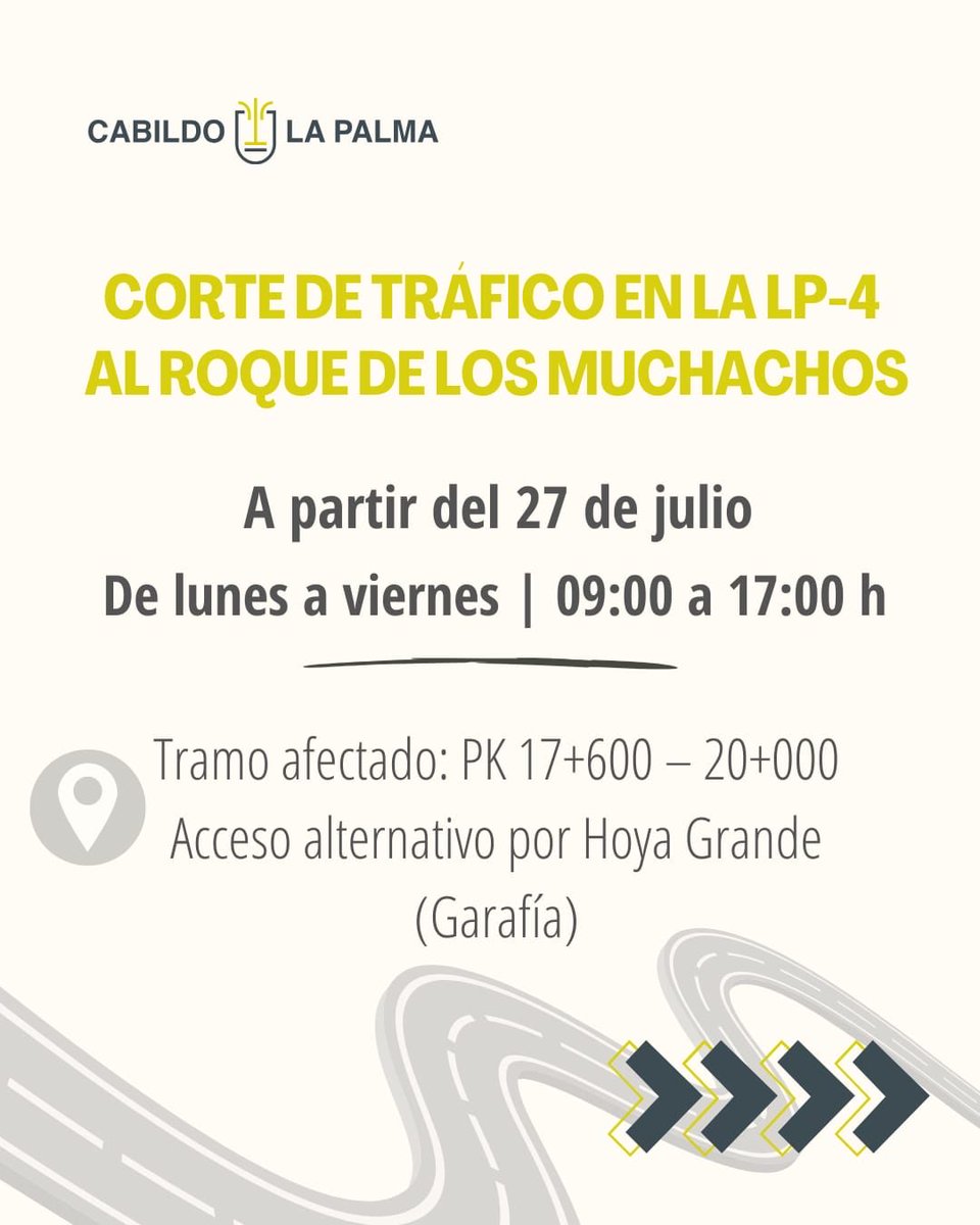 CabLaPalma's tweet photo. ‼️ A partir de mañana, 27 de julio, el acceso al Roque de los Muchachos por la LP-4 desde Santa Cruz de La Palma permanecerá cerrado al tráfico de lunes a viernes, entre las 09:00 y las 17:00 horas, por los trabajos de mejora de la carretera. https://t.co/mfL5ckedc9