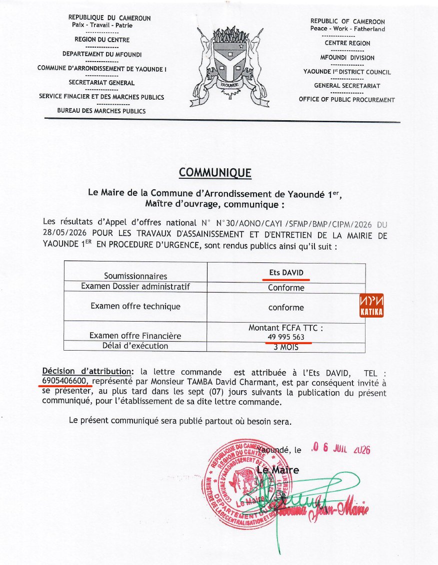 tassingremi's tweet photo. Où sont les journalistes là? Voilà un autre toujours à Yaoundé 1er. ETS DAVID obtient un marché d'entretien de la mairie en procédure d'urgence pour 50 millions FCFA et il partage aussi Tel: 699000194 avec ABOUNA Jean-Marie, même nom et mêmes prénoms avec le maire himself!! https://t.co/3fDcDxCjQk