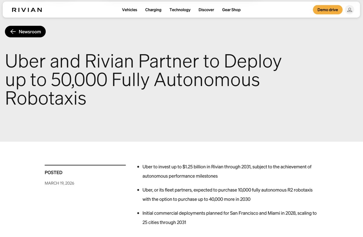 wholemars's tweet photo. In hindsight it was a huge mistake for Rivian to commit to deploying their Robotaxis exclusively on the Uber network.

Now that we now how Uber really feels about autonomous vehicles, going exclusive with them feels like a  strategic blunder after billions invested in autonomy. https://t.co/sL8PM9Y0X8