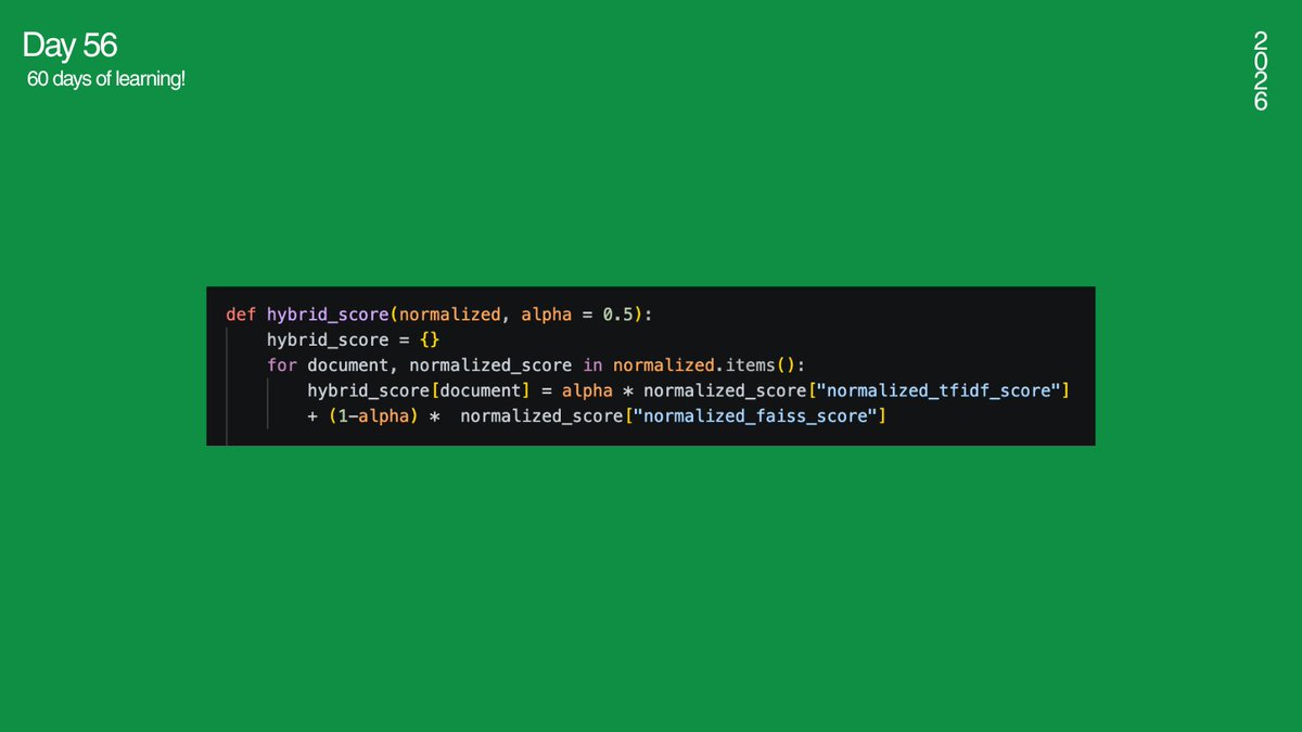 _amisharn's tweet photo. #LSPPDay56
Merged keyword and semantic search results using score normalization and weighted score.
Implemented Hybrid Search by combining TF-IDF and FAISS-based semantic retrieval.
https://t.co/t64ITGJYLL
#60DaysOfLearning #LearningWithLeapFrog
@lftechnology https://t.co/dBPbYFfSfc