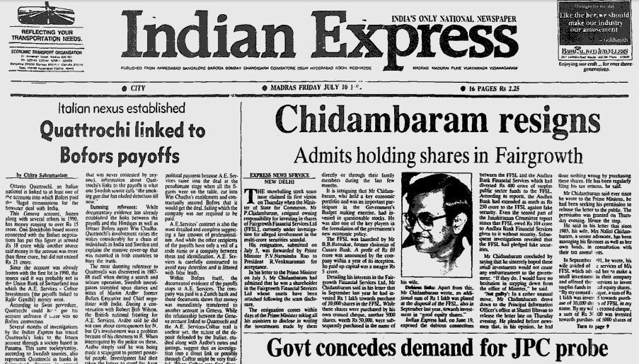 IndiaHistorypic's tweet photo. 1992 :: Minister P. Chidambaram Resigns In Stock Market Scam 

( Indian Express ) https://t.co/6xqTYfmqO0