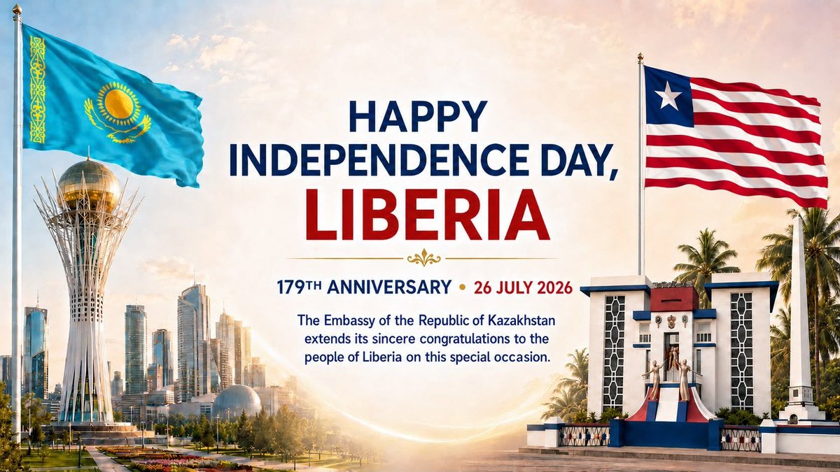 Ambassadekazakh's tweet photo. We extend our sincere #congratulations to #Liberian #people and #Government on the occasion of the 179th #Anniversary of its #Independence, and welcome further strengthening #Kazakhstan - #Liberia cooperation!
#Monrovia #AfricaDay #Africa #WestAfrica #LiberianFood #LiberianMusic https://t.co/3HhlMlv8lj