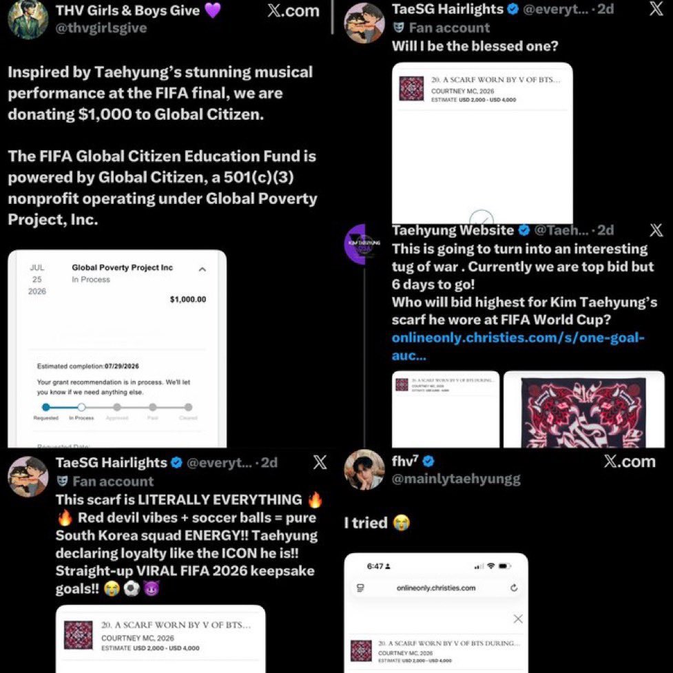 thvtverse's tweet photo. and btw @nydreamery no one is doing this as a competition to “outbid another member”, it’s just tae fans donating for a good cause and fighting EACH OTHER for the scarf, not because of another member https://t.co/u4feCtWMwz