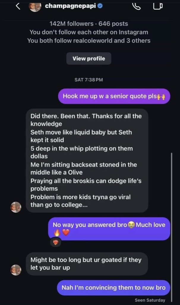 erenwasrightt's tweet photo. Bro asked Drake for a senior quote… Drake sent him a whole verse. 😭🔥 https://t.co/TBcQZAIpYr
