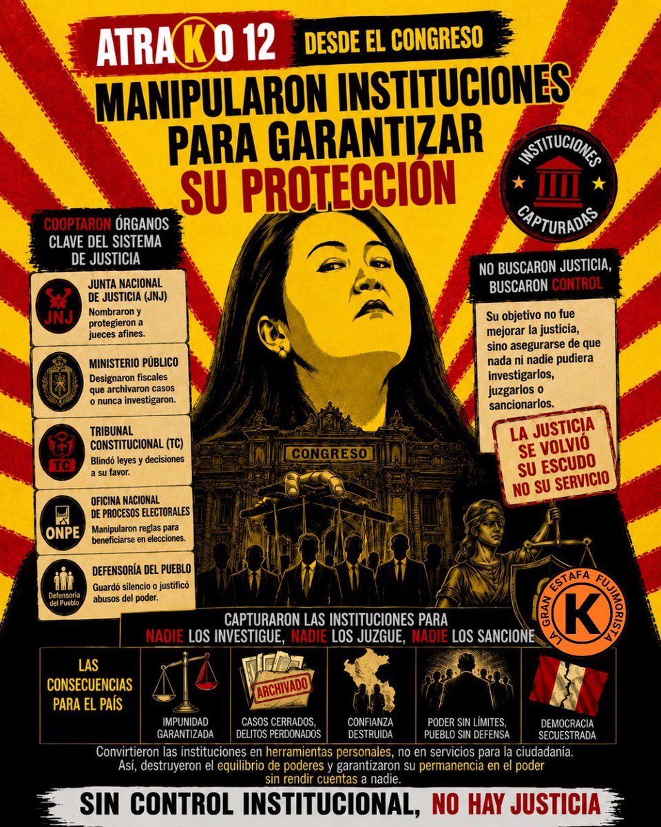 keikonova2026's tweet photo. #LaGranEstafa
#Atrako12
Keiko Fujimori con sus aliados asaltó las instituciones como la Defensoría del Pueblo, la Contraloría, la Fiscalía, la JNJ, para que no la fiscalicen. 
#KeikoNoMeRepresenas https://t.co/4gxXxMfxZz