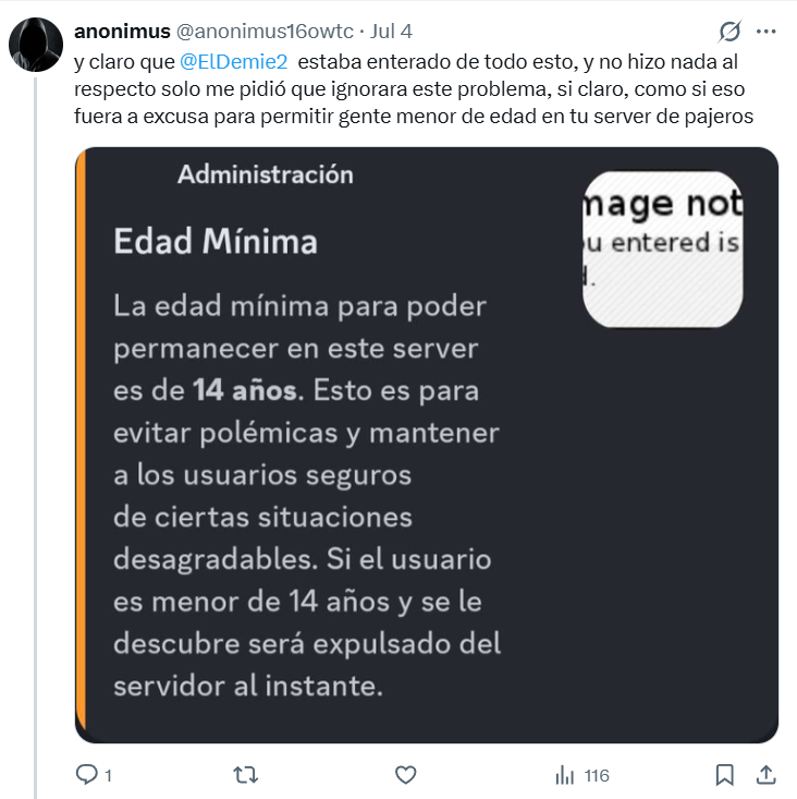 Elpaezoff's tweet photo. @ElVilleritoxd @JuanIgnacioGV espera, te falto demie2, lit lo intentaron funar por permitir nsfw en un server de menores 👀 https://t.co/pp1DQGz89Y