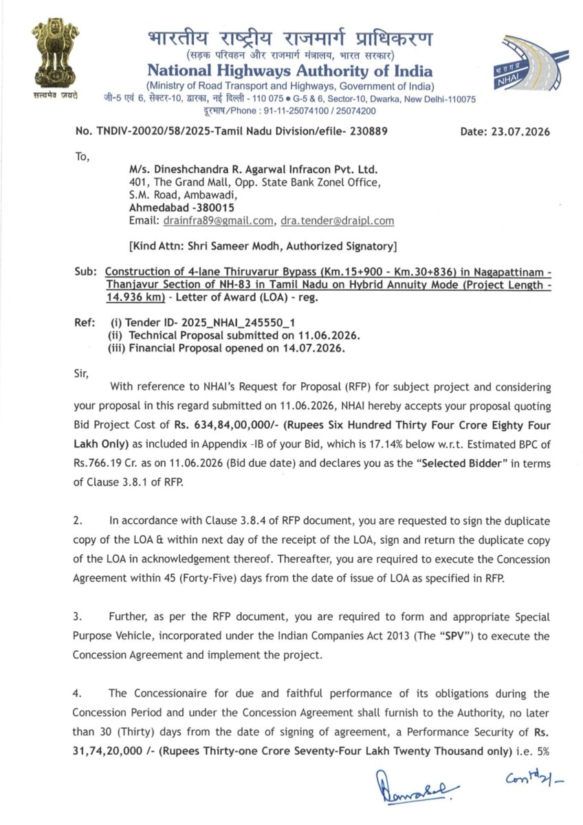 Tvrdevelopment's tweet photo. Thiruvarur Bypass tender finally bagged by Dineshchandra R Agarwal Infracon. 

Works will start soon !!!

Finally a breathtaking moment for Thiruvarur ppl 😍 🥳
@TamilNaduInfra @tamilashokkumar https://t.co/dSegugV8Dh