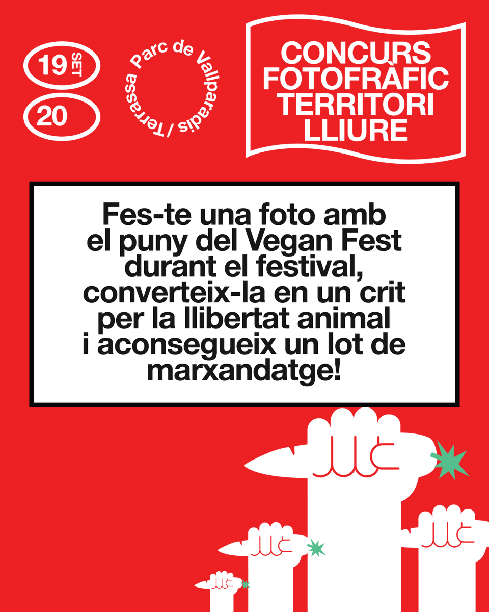 VeganFestCat's tweet photo. 📸 CONCURS TERRITORI LLIURE
Fes-te una foto amb el puny del Vegan Fest! 
https://t.co/tBpLWHGdYv

✅ Segueix-nos a Instagram
♥️ Dona «m’agrada» al post
🫶 Etiqueta qui convidaries
📸 Fes la foto al festival
📩 Envia-la amb el teu nom a territorilliure@veganfest.cat

#veganfest https://t.co/fu5jeYlVfD