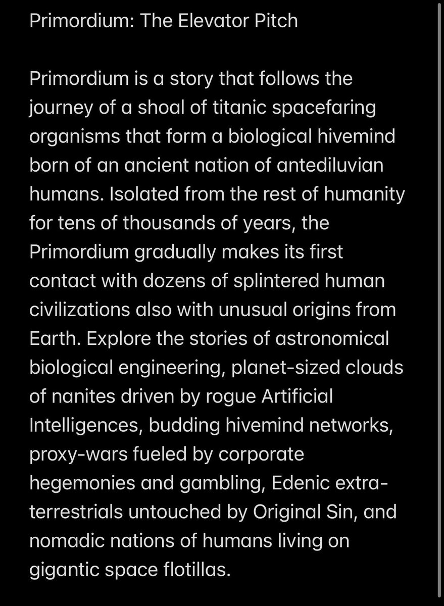 Zoaqoz's tweet photo. The “elevator pitch” for my story: Primordium https://t.co/nyXzjoxe8M