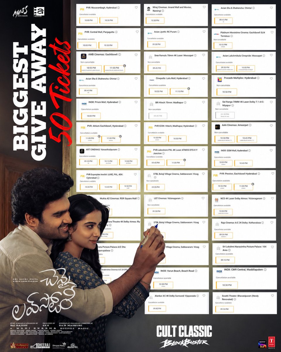 tarakviews's tweet photo. Biggest #GIVEAWAY 

#ChennaiLoveStory 50 Tickets to My Followers Only (Random Selection)

Vijayawada - 10
Vizag - 10
Hyderabad - 10 
Nellore - 10
Kakinada - 10

*Tomorrow Evening Shows (వెళ్ళడానికి వీలున్న వాళ్ళు మాత్రమే పార్టిసిపేట్ చెయ్యండి)

Follow My Handle

Like & Repost this

Don't DM Me

Use #ChennaiLoveStory Hashtag