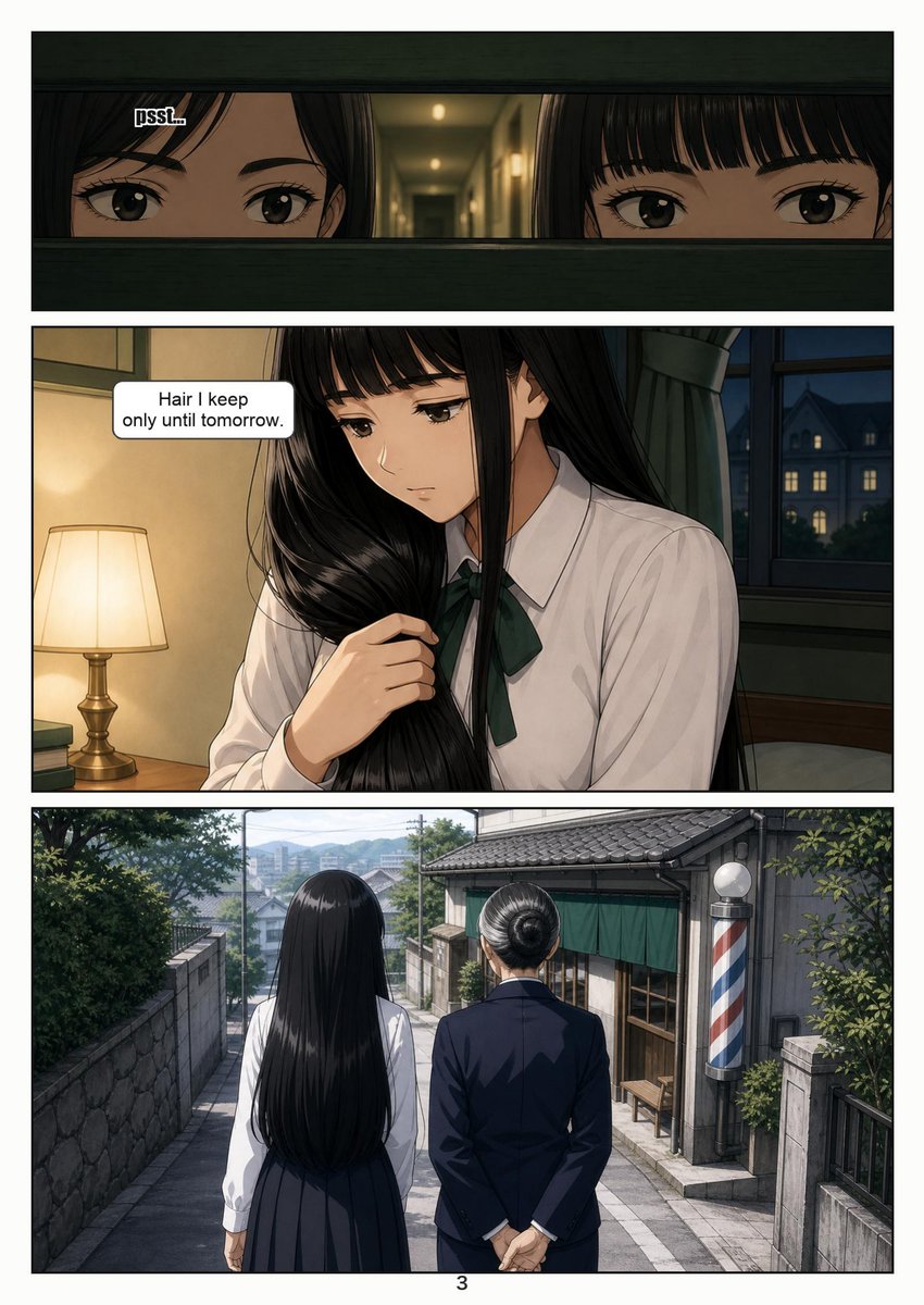ShornStudio's tweet photo. Article 17: a resident who disrupts order has her hair remade into a "penitent style" at the designated barber.

RYOUSOKU — Dormitory Rules, Ch.1. Full color, 16 pages.
Long hair to a blunt bowl cut, sides and nape shaved bare.
Fiction, all adults. Non-sexual.

#headshave #bobcut https://t.co/7uBgs9ziHi