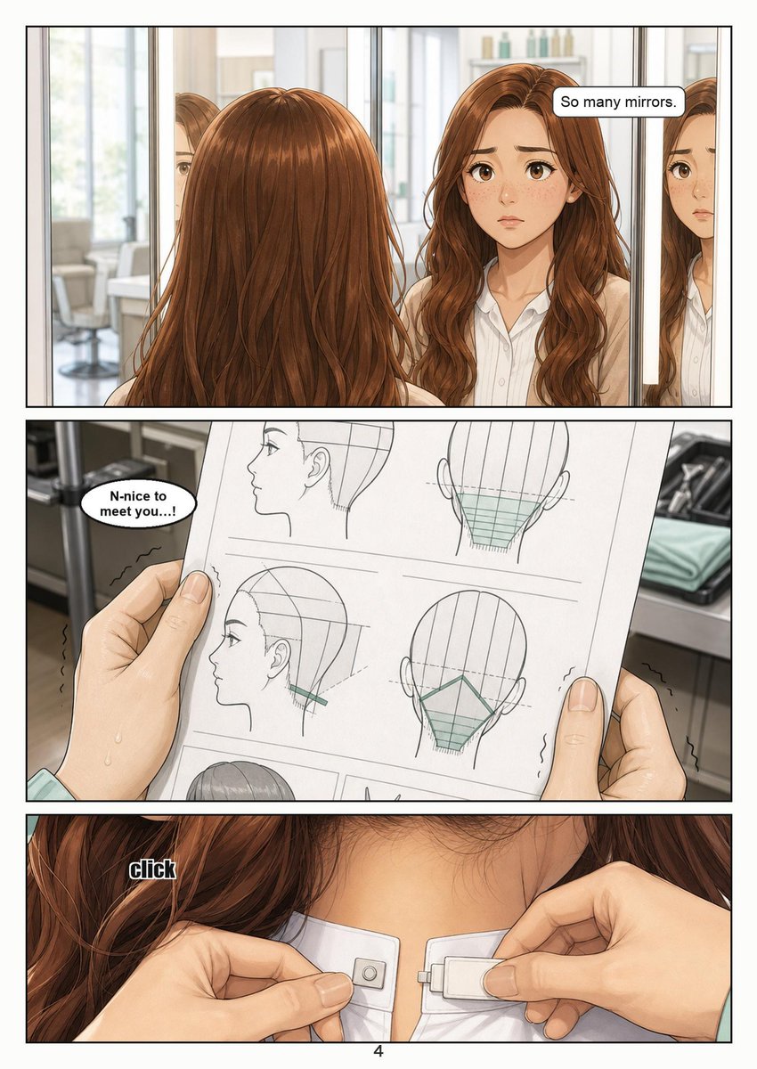 ShornStudio's tweet photo. The advance model fee is already gone to tuition. The contract: "Style follows the assignment. No refusal."

KAMIDAI — Price of Hair, Ch.1. Full color, 17 pages.
Waist-length hair to a bob, then sides and nape to 1mm.
Fiction, all adults. Non-sexual.

#headshave #undercut https://t.co/q556eyet2s