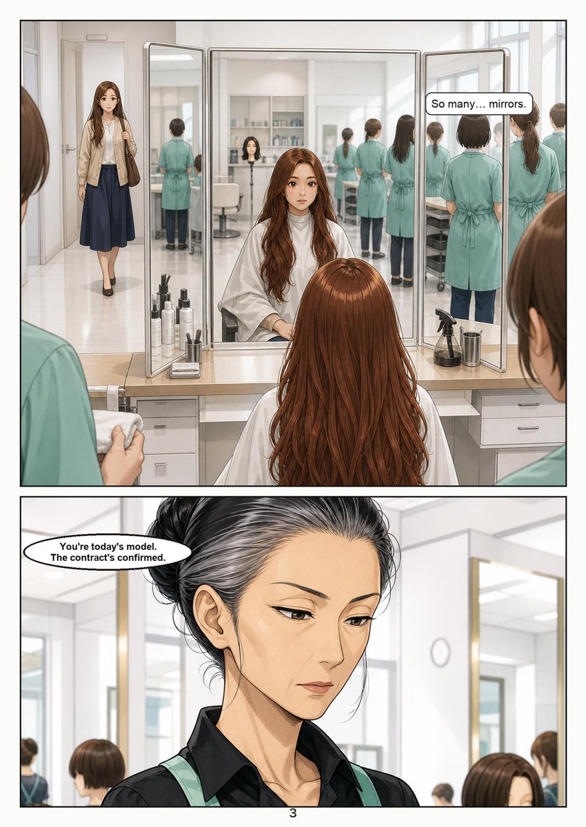 ShornStudio's tweet photo. The advance model fee is already gone to tuition. The contract: "Style follows the assignment. No refusal."

KAMIDAI — Price of Hair, Ch.1. Full color, 17 pages.
Waist-length hair to a bob, then sides and nape to 1mm.
Fiction, all adults. Non-sexual.

#headshave #undercut https://t.co/q556eyet2s