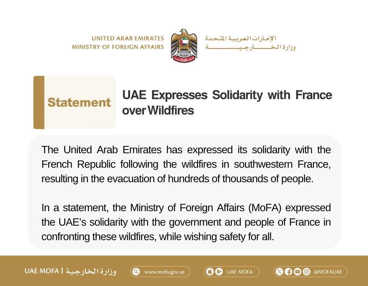 mofauae's tweet photo. الإمارات تتضامن مع فرنسا في حرائق الغابات

UAE Expresses Solidarity with France over Wildfires https://t.co/QG6wDXhNVe