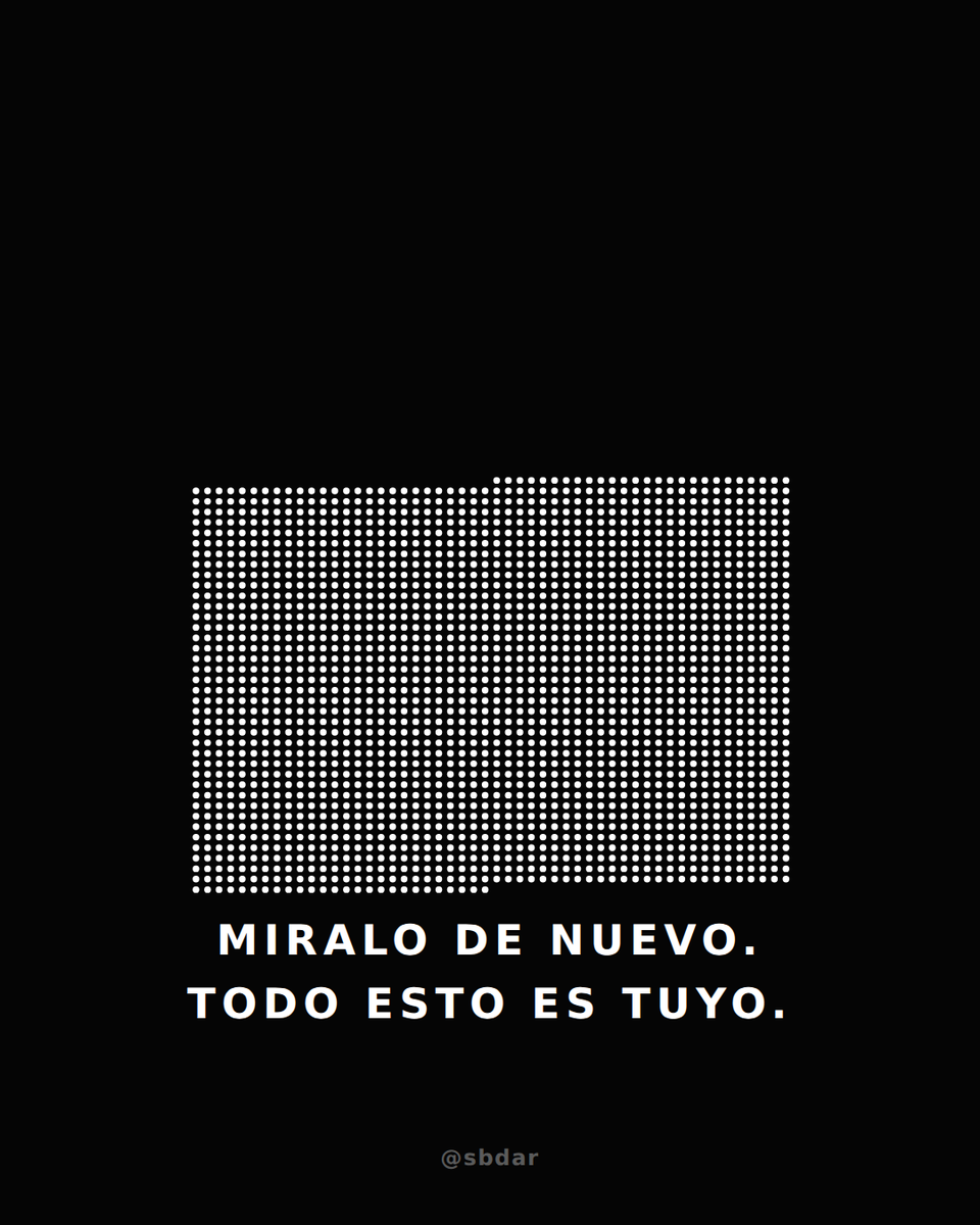 arielsbdar's tweet photo. TE QUEDAN ±2.000 LUNES.
Y ES LA MEJOR NOTICIA QUE TE VAN A DAR HOY.

> Una vida argentina son ±4.000 lunes (77,5 años de esperanza de vida, OPS).
> Si tenés ~38, ya usaste la mitad.

> Y si a tus viejos los ves una vez por mes,
> los asados que quedan entran en una sola imagen.

> Parece un post triste. Es lo contrario.
> Los puntos blancos todavía son tuyos. Todos.

> Qué hacer con esto (Tim Urban, The Tail End):
> 1. Viví cerca de los que querés.
> 2. Las prioridades elegilas vos, no la inercia.
> 3. Si estás en el último 10% con alguien, tratalo como lo que es.

> Es un inventario, no una cuenta regresiva.
> Mañana hay un punto nuevo. APROVECHÁ.

> 👉 Compartilo con alguien que lo necesite un domingo.