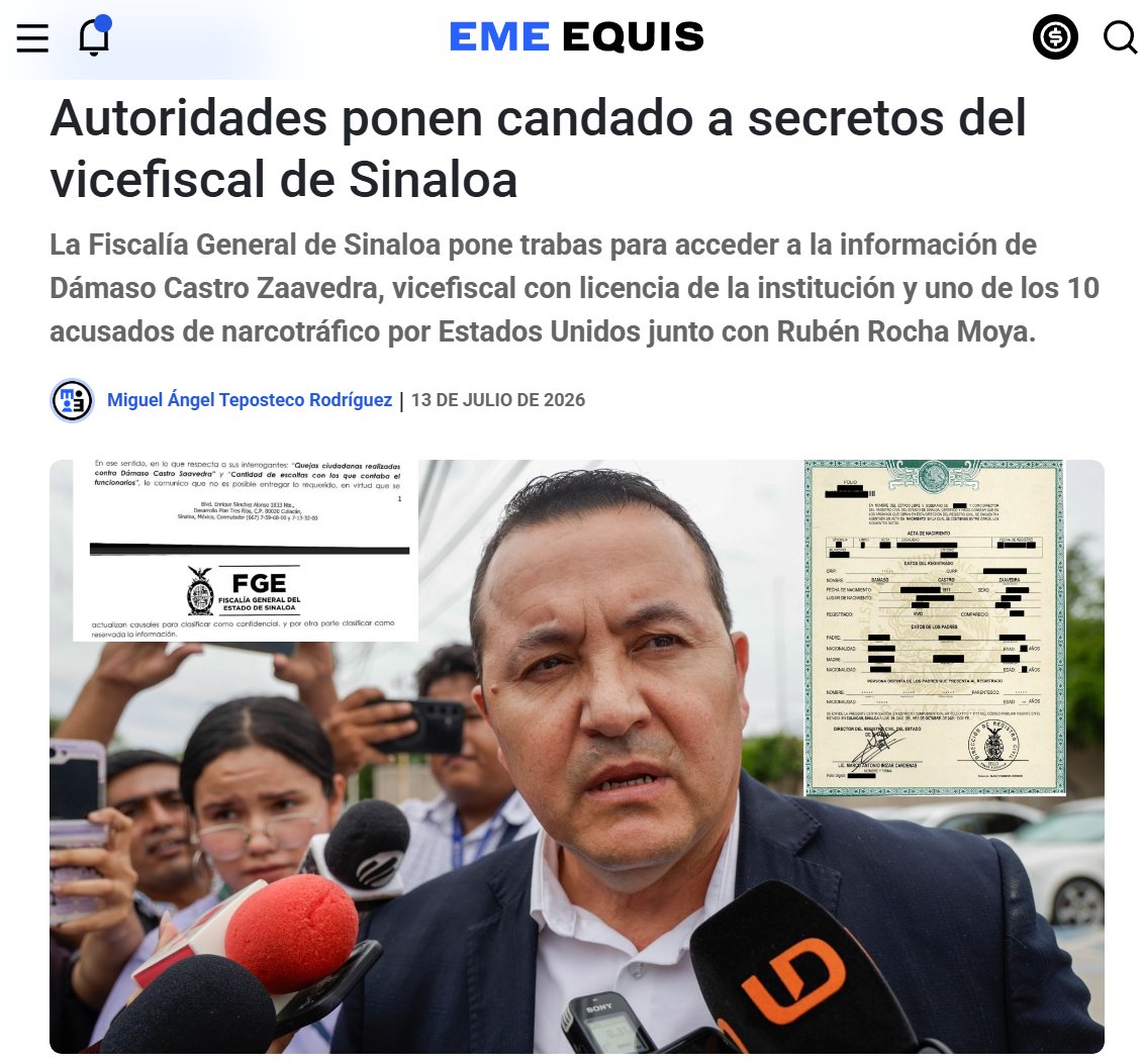 Juan_OrtizMX's tweet photo. 🗳️📌 RESERVAN DATOS DE EXVICEFISCAL ACUSADO DE NARCO JUNTO A ROCHA MOYA

Dámaso Castro Zaavedra fue vicefiscal de Sinaloa.

Ahora está con licencia.

Y es uno de los 10 funcionarios acusados por Estados Unidos de presuntos vínculos con Los Chapitos, junto con Rubén Rocha Moya.

@emeequis pidió a la Fiscalía estatal información sobre él:

- Las quejas ciudadanas en su contra.
- La cantidad de escoltas que tuvo.
- Y su declaración patrimonial.

La Fiscalía negó el acceso a las quejas al considerarlas información confidencial dentro de procedimientos administrativos o penales.

Sobre los escoltas, argumentó que divulgar el dato podría poner en riesgo su vida.

Y para consultar su declaración patrimonial entregó un enlace roto.

El documento tampoco aparece en los portales de transparencia de Sinaloa.

https://t.co/868hUUpxrx