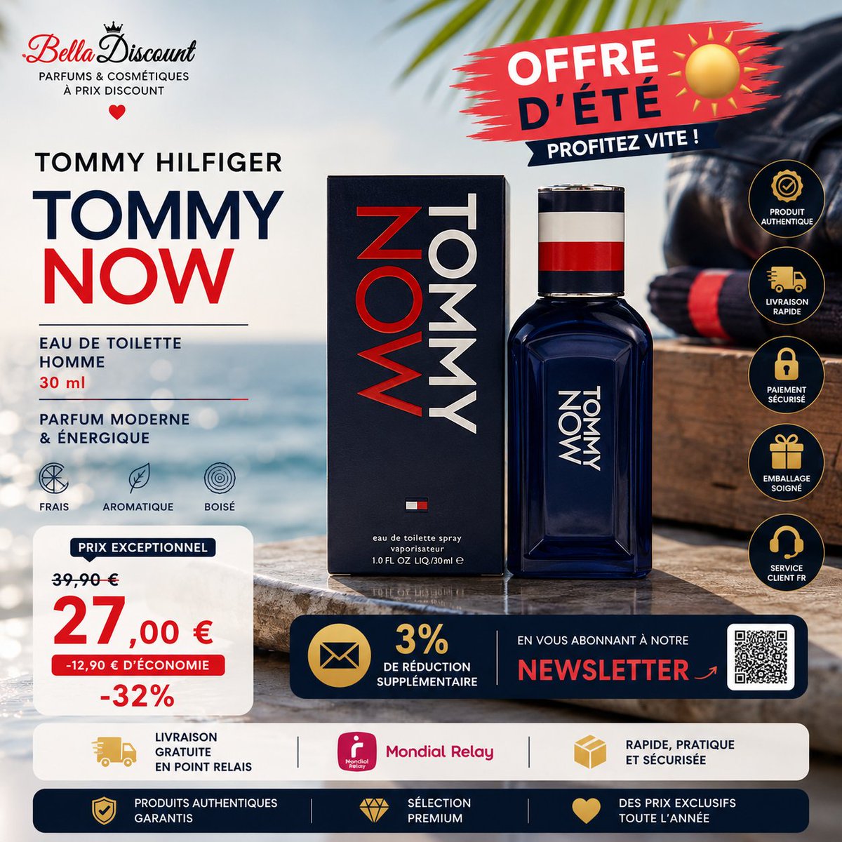belladiscount's tweet photo. ⚡ Tommy Hilfiger Tommy Now Eau de Toilette Homme 30 ml incarne une masculinité moderne, spontanée et pleine d'énergie. Pensée pour les hommes actifs, cette fragrance associe des agrumes pétillants à des épices aromatiques et des bois ambrés pour un sillage frais, élégant et contemporain.

Que ce soit pour le bureau, les sorties ou les moments du quotidien, Tommy Now apporte une touche de dynamisme et de confiance à chaque vaporisation.

💥 Offre Belladiscount

💶 27,00 € au lieu de 39,90 €
🎉 Économisez 12,90 €, soit environ 32 % de remise.

📩 Recevez 3 % de réduction supplémentaire en vous abonnant à notre newsletter et profitez toute l'année d'offres exclusives sur les plus grandes marques de parfums.

🛍️ Découvrez cette fragrance :
 https://t.co/1UqnQw8rwq

✅ Produits 100 % authentiques
🚚 Livraison rapide
📦 Livraison gratuite en Point Relais
🔒 Paiement sécurisé

#Belladiscount #TommyHilfiger #TommyNow #ParfumHomme #MensFragrance #StyleMasculin #LuxuryBeauty #BonPlan #Fragrance #LuxeAccessible