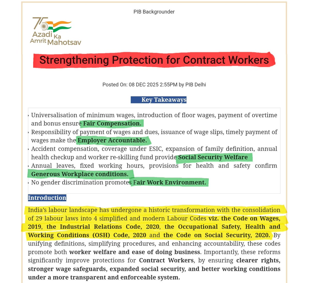 jagmohanmehta's tweet photo. No employer shall pay any employee less than the minimum wage notified by the Government.
🔴 Read PIB Article: https://t.co/036h8oaMmt
Previously, minimum wages applied only to scheduled employments, but now it covers all employees.
#ContractWorkers #UPSC #PIB https://t.co/N27sYKElFC