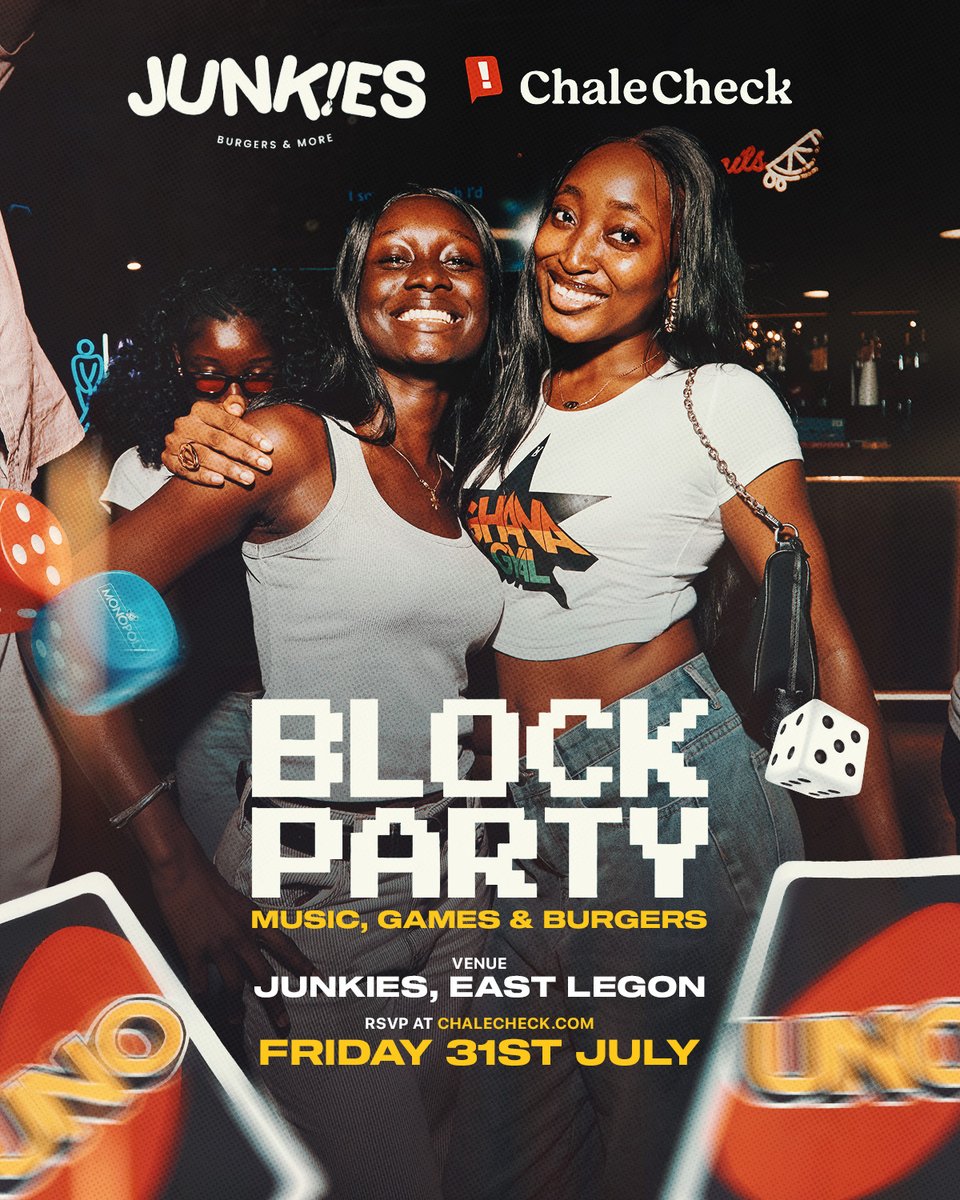 ChaleCheck's tweet photo. We're hosting a Block Party at Junkies, East Legon, on 31st July. 

Check the comments for the link to reserve your spot. See you there! https://t.co/nhXDfBJ3rD