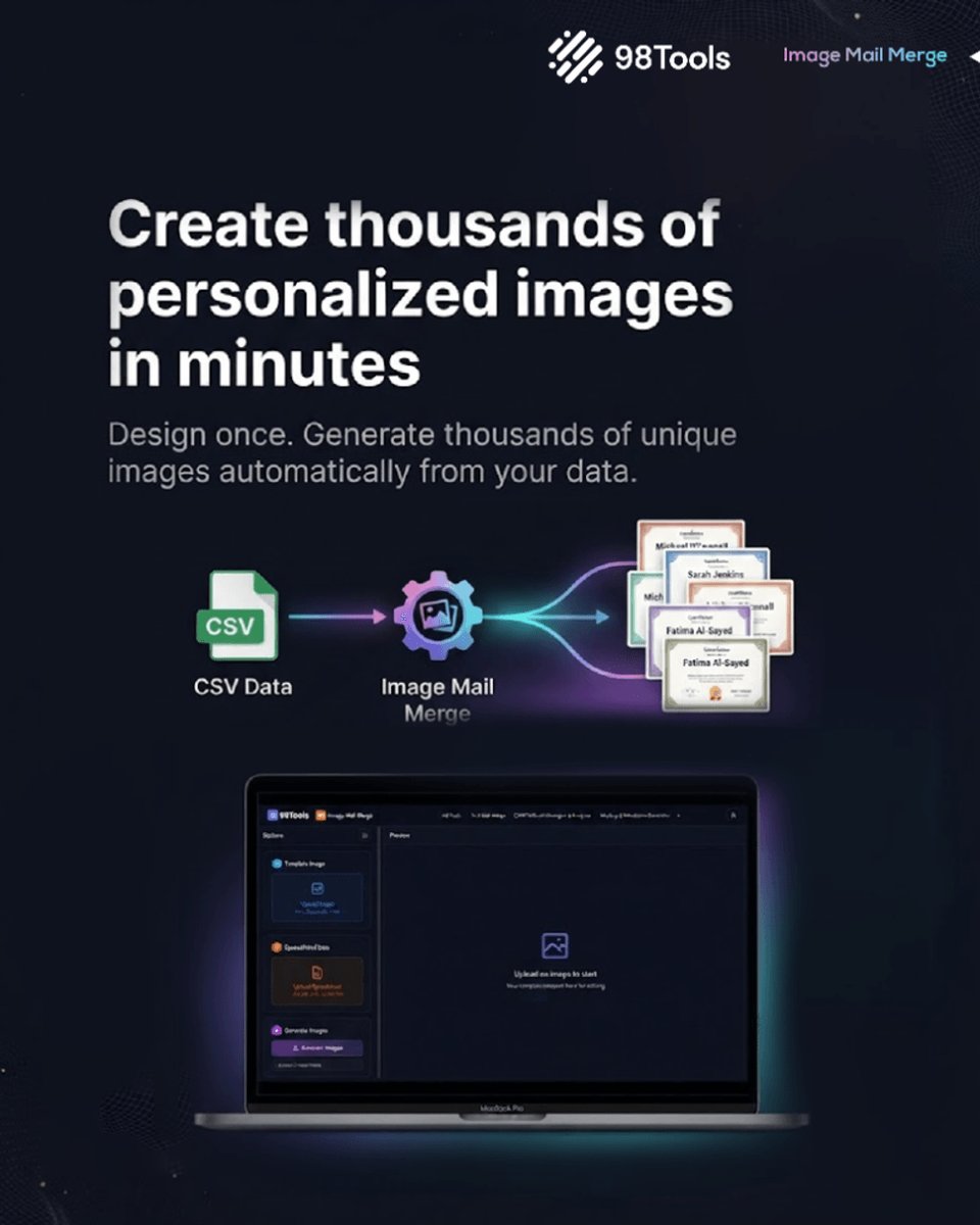 98_tools's tweet photo. Turn one design into thousands of personalized images. ✨

With the 98 Tools Image Mail Merge tool, you can:
📄 Upload your image 📊 Connect your spreadsheet ⚙️ Auto-generate a unique image for every row 🖼️ Preview each result before exporting ⬇️ Download all images. https://t.co/51HFT5HeDW