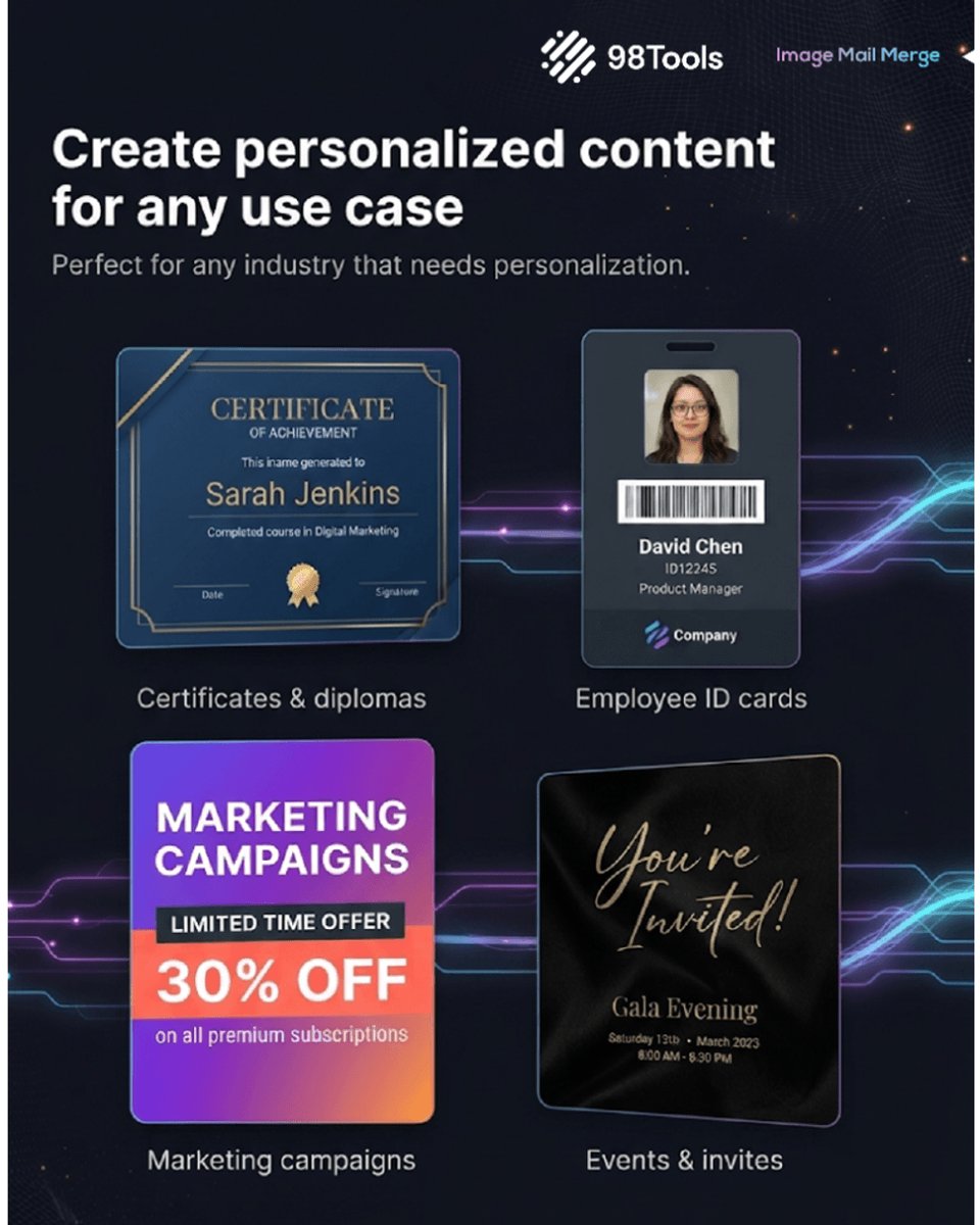98_tools's tweet photo. Turn one design into thousands of personalized images. ✨

With the 98 Tools Image Mail Merge tool, you can:
📄 Upload your image 📊 Connect your spreadsheet ⚙️ Auto-generate a unique image for every row 🖼️ Preview each result before exporting ⬇️ Download all images. https://t.co/51HFT5HeDW