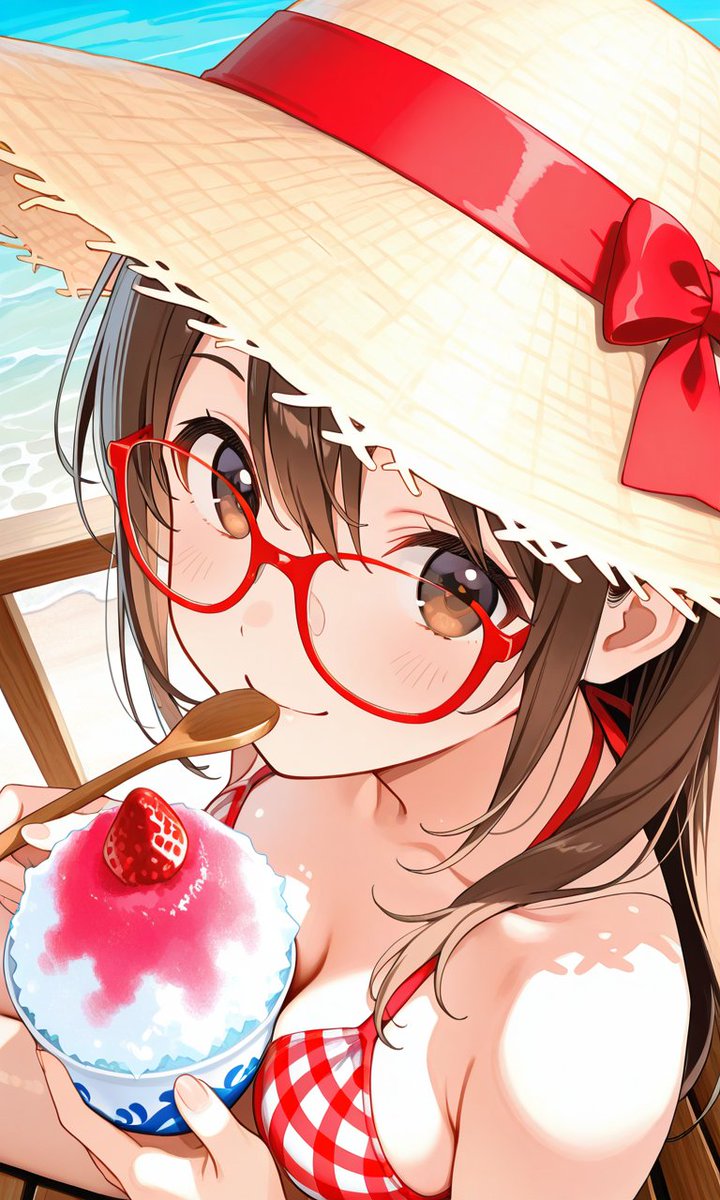 MegaLK_AIillust's tweet photo. こんばんは。
今日の　#一日一眼鏡っ娘　は、「めが★すた・水着と夏スイーツシリーズ」このみちゃん編です。
昨日が「かき氷の日」らしく、一日遅れですが……。

「美味しそうでしょ？　いちご乗せかき氷だよー♪」

#AI眼鏡部
#AIイラスト

リンク先にもいくつか掲載中！
 https://t.co/AoX0G4tvWN https://t.co/uybHkcIsH8