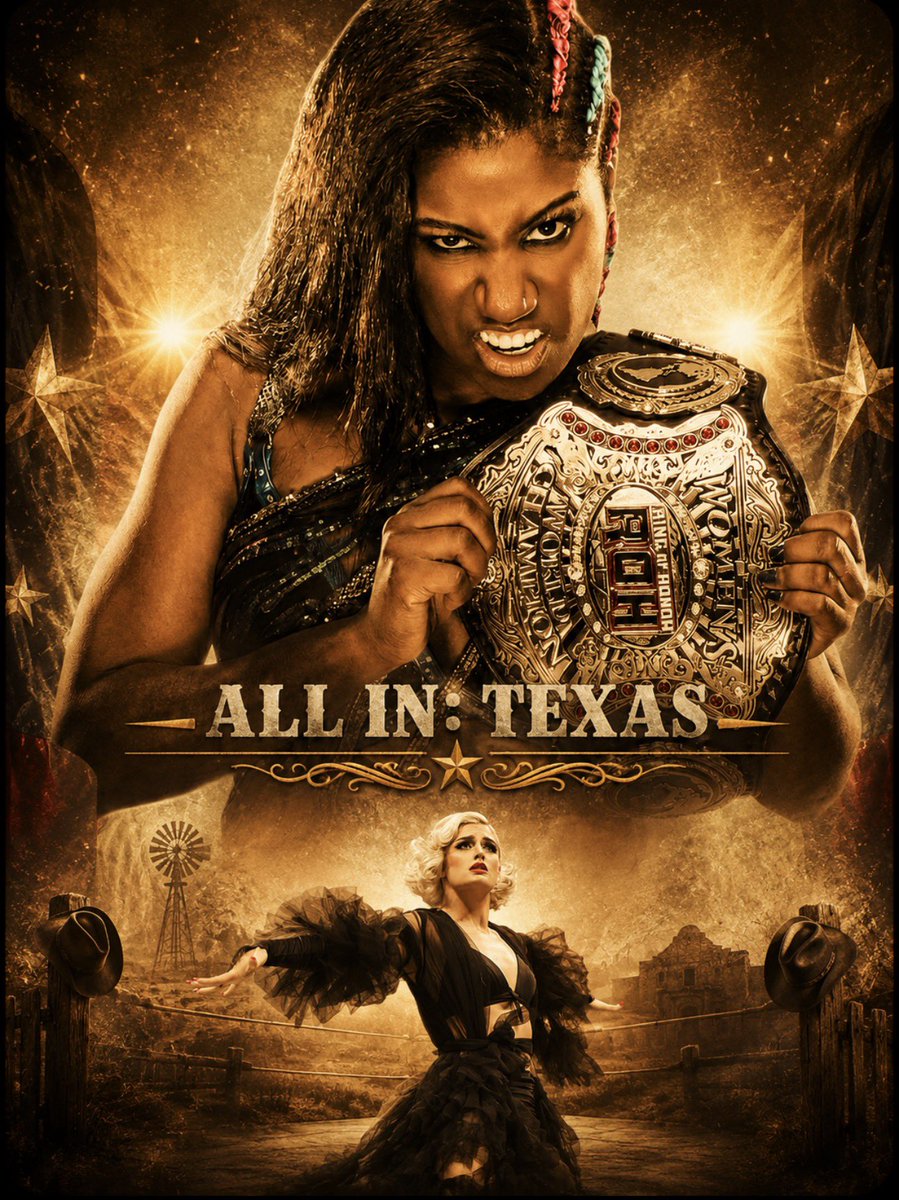 ThisIsUVC's tweet photo. The official poster for ALL IN: TEXAS, live August 29th, 2026! It features our massive main event as June Byers Classic winner Timeless Toni Storm challenges Foundress World Champion Athena, whose reign has surpassed one year. Every match confirmed for ALL IN: TEXAS awaits below! https://t.co/6r4AZR48XP