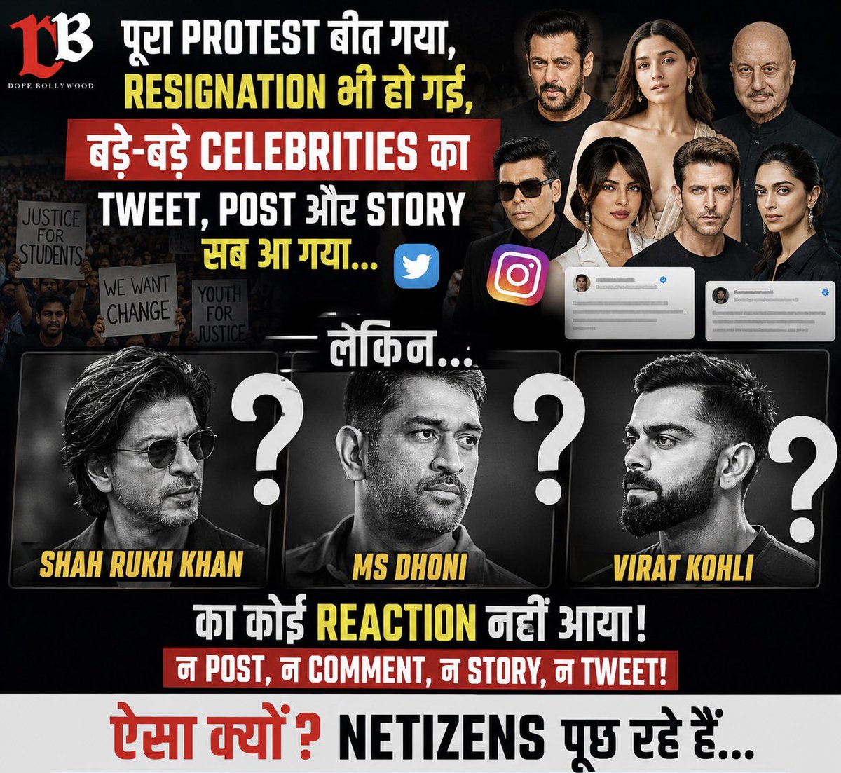 DopeBollywood's tweet photo. Silence can be a statement too. But in moments like these, many netizens are asking questions.
What do you think—should public figures speak up on major issues?
#ShahRukhKhan #MSDhoni #ViratKohli #Netizens #Trending #CelebrityReaction #DopeBollywood #Discussion #studentsprotest https://t.co/ldViD3jsAB