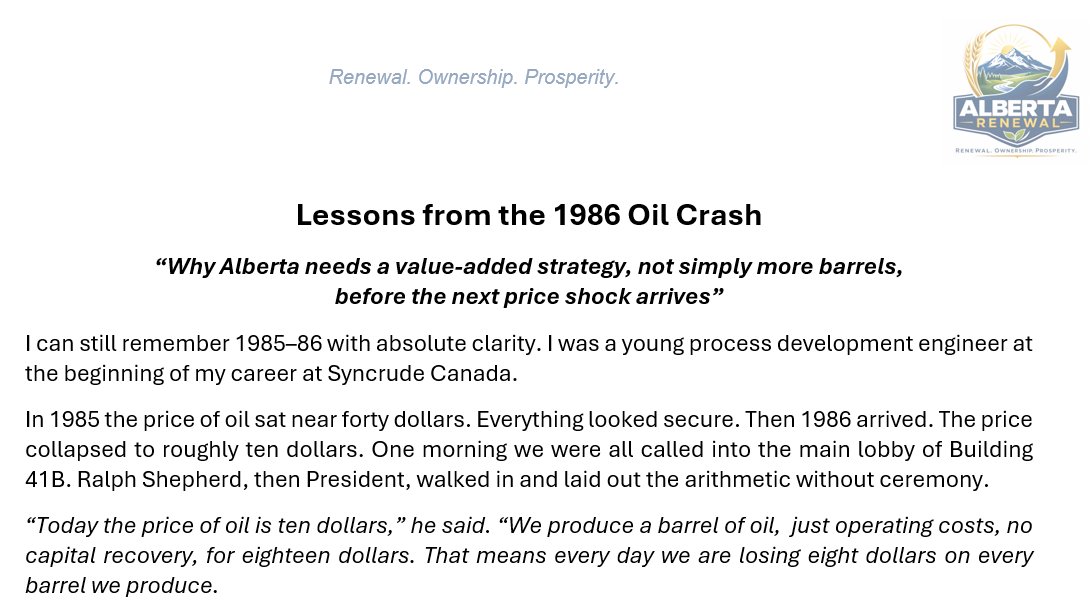 alberta_cw's tweet photo. 1986 taught me something I never forgot:
When the price collapses, volume alone is not a strategy.
The current path risks putting Alberta right back in that position.
Subscribe free and get the article “Lessons from the 1986 Oil Crash”: https://t.co/jT4rLoGDD7 or DM me for the article.
#Alberta #ValueAdded #UCP #AlbertaRenewal