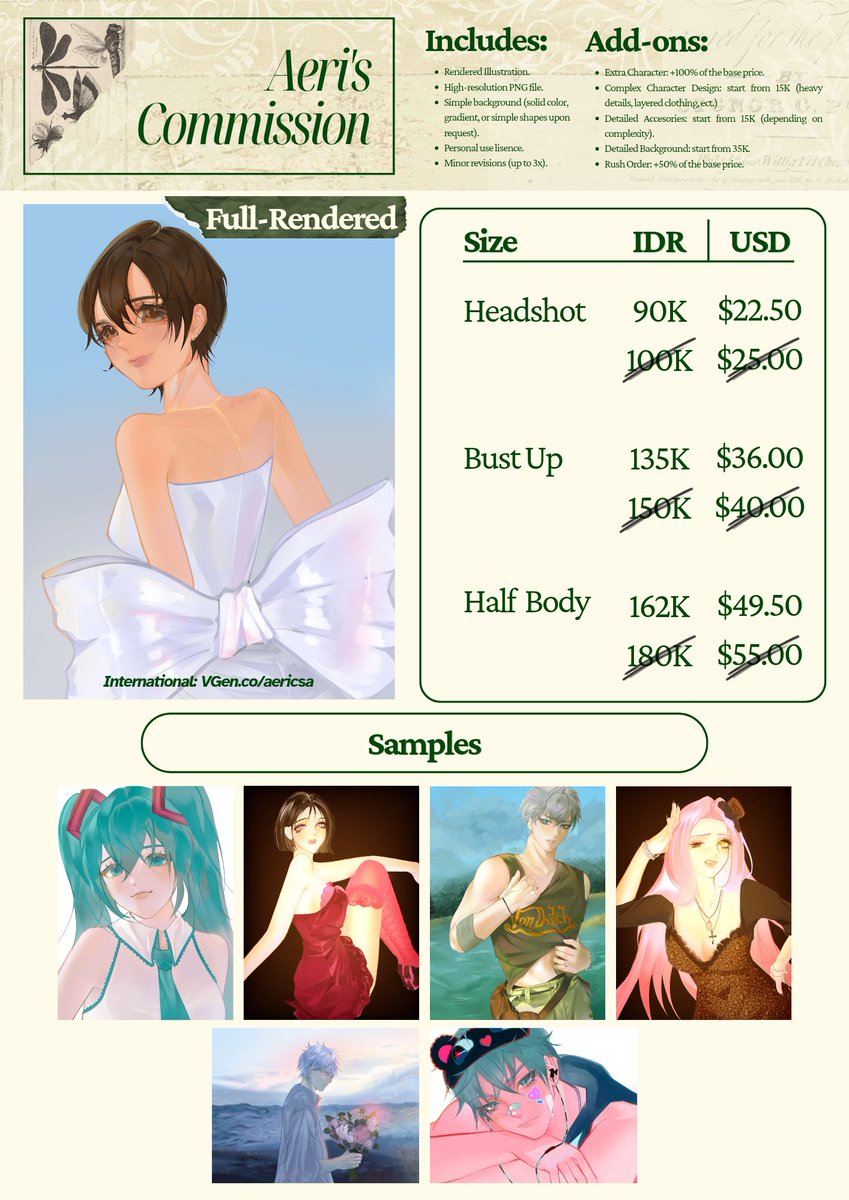 aericsa's tweet photo. ✦ COMMISSIONS ARE OPEN (10% OFF) ✦
[♡ &amp; ↻ are highly appreciated!]

hi! i'm currently open for commissions, accepting both local [IDR] and international [USD] clients. (2 slots available)

feel free to DM me if you have any questions!

#commissionopen #VGenComms #artidn https://t.co/ykIc3nKRSS