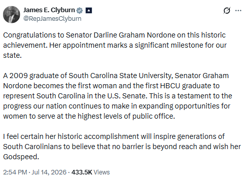 TaraServatius's tweet photo. Wake up, South Carolina. 

Darline Graham's only political donations were to Sen. Katrina Shealy, a liberal pro-choice legislator who was defeated for filibustering pro-life legislation.

Liberal Democrat Congressman Jim Clyburn posted on X about how much he loves her and how great she'll be for the state, practically endorsing her.

Liberal PBS just also practically endorsed her in a glowing puff piece.

Graham's liberal close friend just admitted to the NY Times she's not really partisan, ie she's not really a Republican, and that she won't always take Trump's side.

Who's side will she take then? Democrat Minority Leader Chuck Schumer? Because that's the only other option.

On Friday, she refused to take questions from reporters on how she would vote.

Again, wake up, South Carolina.