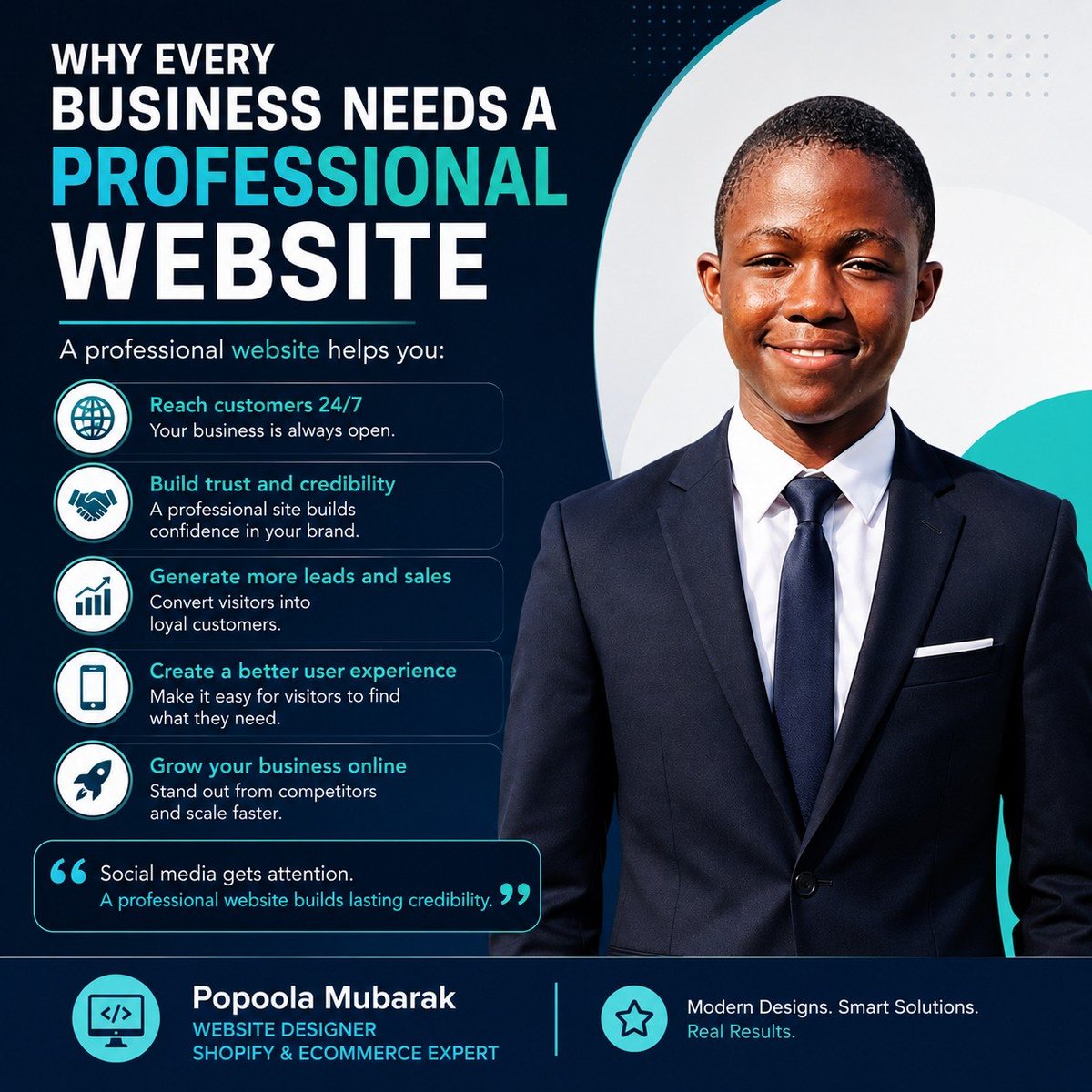 Shopifyex's tweet photo. Your business deserves more than just a social media page.

A professional website helps you:
1. Build trust
2. Reach customers 24/7
3. Generate more leads
4. Strengthen your brand

Does your business have a website yet?

#WebsiteDesign #BusinessGrowth #Shopify #Entrepreneurs https://t.co/xcxdmPUU0z