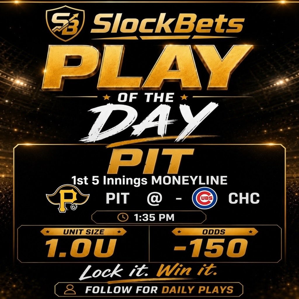 SlockBets's tweet photo. Play of the Day
PIT 1st 5 Innings ML
CHC @ PIT | 1:35 PM
1u | -150
Lock it. Win it.

Who is tailing and whose is fading?!

Two additional plays available at https://t.co/1uVcoS9ldG

Let’s keep July hot https://t.co/gGuxVzIy7L