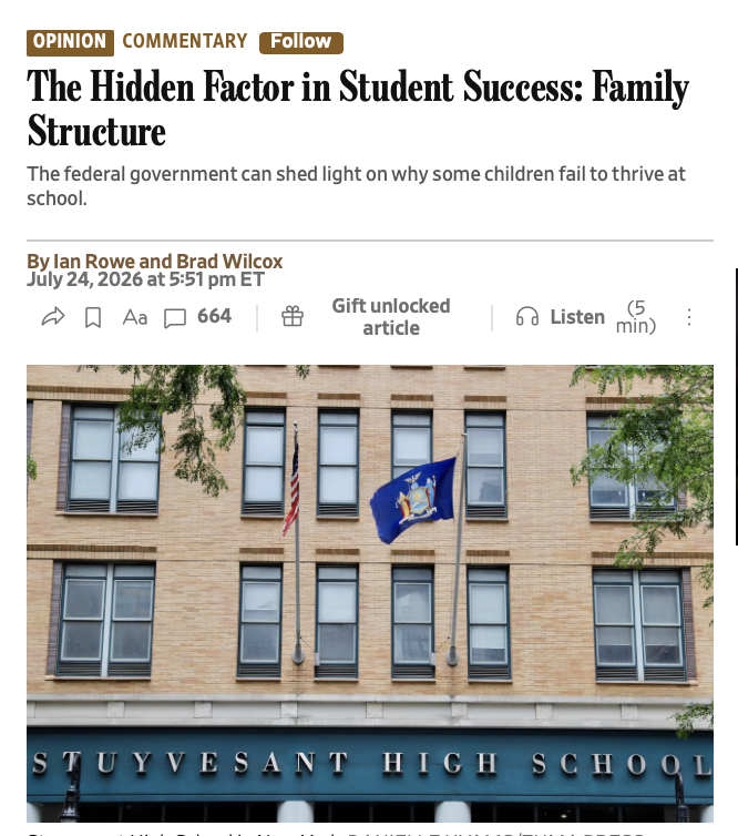 BradWilcoxIFS's tweet photo. So much of the education discourse assumes race and poverty are the biggest drivers of student success. But, often, family matters as much or more than these factors. @IanVRowe &amp; I explain in @WSJopinion and in a new report (below): https://t.co/zicENgvK4P