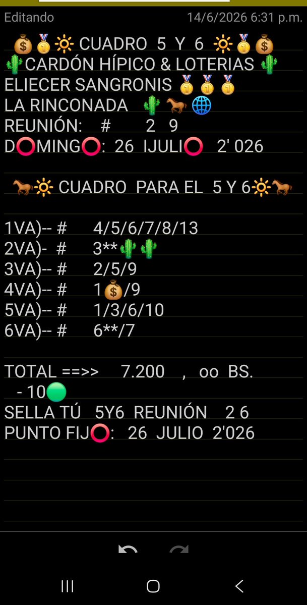 Eliecersangroni's tweet photo. ELIECER SANGRONIS 🌵🐎🌐
#DOMINGO 26 #JULIO 2026
#Hipismo EN #LaRinconada
🟢 6 #Años DE LOS
3 ENCHINCHORRADOS 🈚️
26/07/2020//26/07/2026
#5Y6 #Sella
CUADRITO POPULAR 🏁🐎🚀🚀
#RT #Callados #gana https://t.co/46jZtw7ska