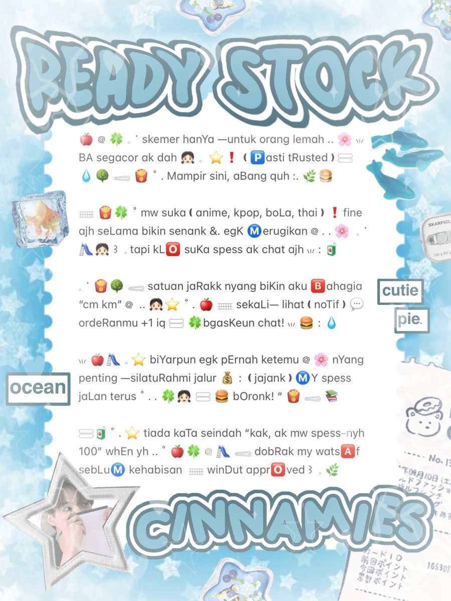 cinnyamies's tweet photo. ╭┈  ֹ   help repost? thankies, sweetie 🐳

{ II } ׁ ๑ 🪽.. haii, timan — timun ?! naka punya wording ready stock nih 𓏏𓏏 ִ ⊹  bio 3.500. 𖢷 pinned, payment, bio wabis, thanks card 5.500/each ׅ  ࣪ ⸝⸝ 💧🦴 yuk, ping chat:ie aku &amp;. take sekarang juga   𓈒˚ >___^ 

#bealanja https://t.co/XRwwrY2bTy