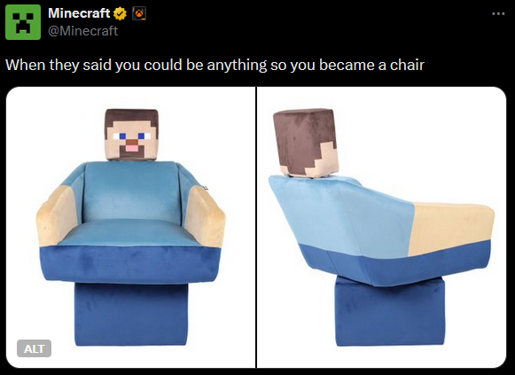 Gyrojugs's tweet photo. @GrimmiVT i would just go for the hermin 

if you are sitting all day for work there is no point in worr- HOLY SHIT IS THAT MINECRAFT STEVE AS A CHAIR nvm buy this one https://t.co/DTsJDxEJQj