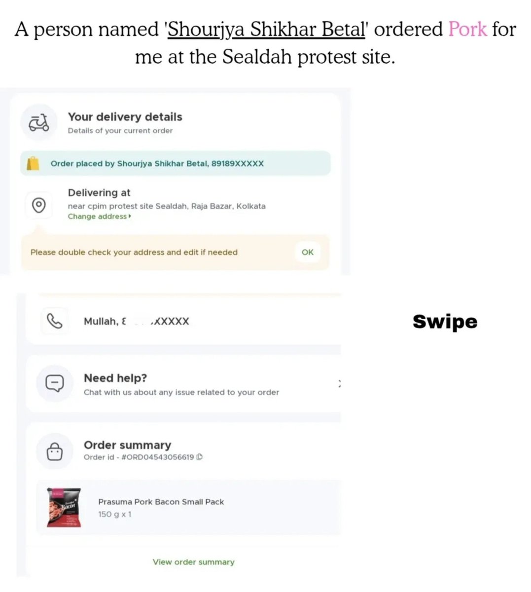 Viglnthindutva's tweet photo. Some anonymous person sent Shahjahan a packet of pork through Blinkit on COD under the name "Hey Mullah" 

Also Guess what? The delivery guy's name was Mohammad 😭 https://t.co/B2LN6RgCrz