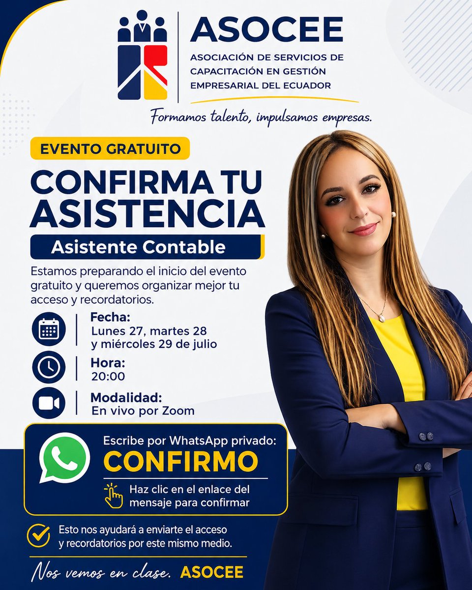 patitocadena's tweet photo. 👋 Hola

Estamos preparando el inicio del evento gratuito de Asistente Contable

📅 Lun 27 Julio
⏰ 20:00
💻 Zoom

favor confirma asistencia ESCRIBE

CONFIRMO

Haz clic aquí para confirmar:
https://t.co/6GfHqJR5Yw

Nos vemos en clase.  
*ASOCEE* https://t.co/1jW5Qgtgt6