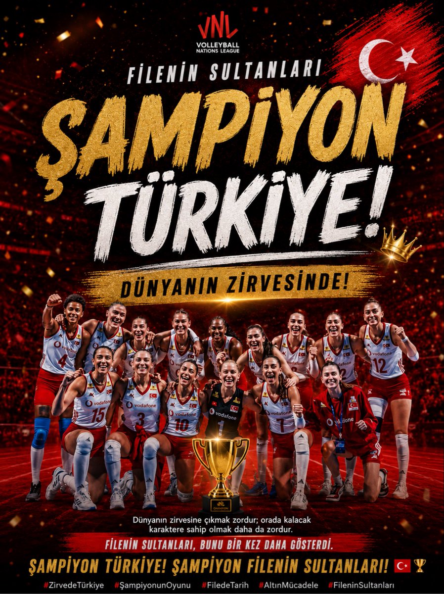 musasurer's tweet photo. ✍️Dünyanın zirvesine çıkmak zordur; orada kalacak karaktere sahip olmak daha da zordur. Filenin Sultanları, bunu bir kez daha gösterdi. Şampiyon Türkiye! Şampiyon Filenin Sultanları! 🇹🇷🏆

#ZirvedeTürkiye #ŞampiyonunOyunu #FiledeTarih #AltınMücadele #FileninSultanları https://t.co/mnwjYJK7as