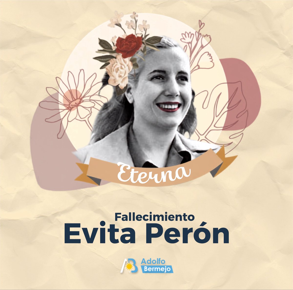 AdolBermejo's tweet photo. A 74 años del paso a la inmortalidad de Evita, recordamos a la mujer que transformó la historia argentina con su amor, su coraje y su entrega absoluta por los más humildes. Sus banderas siguen marcando el camino. ✌️ 

#EvitaEterna https://t.co/eepAk5FT02